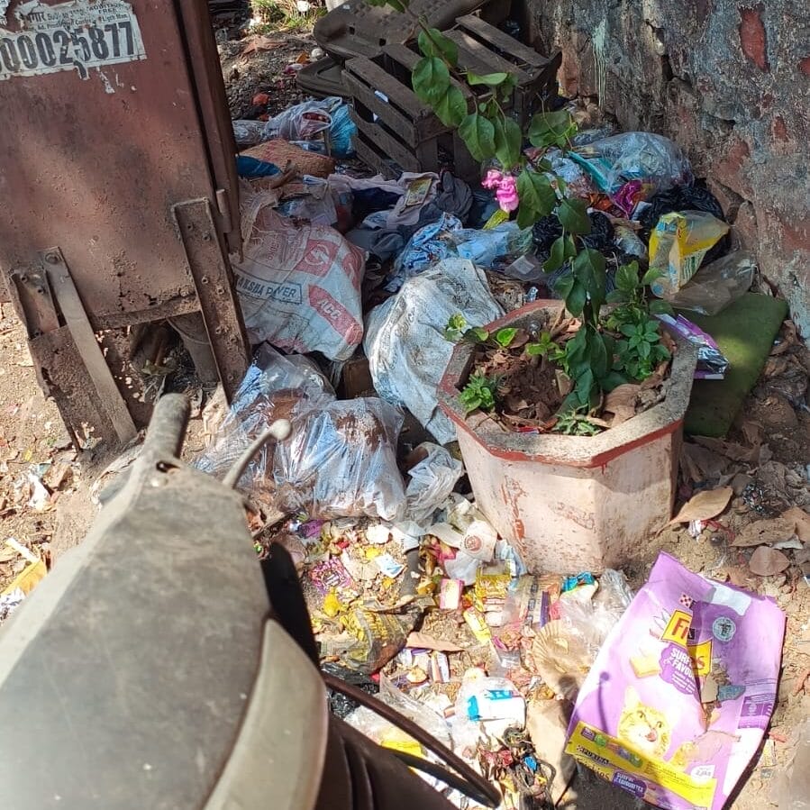 garbage behind an electric box in Khadarpada