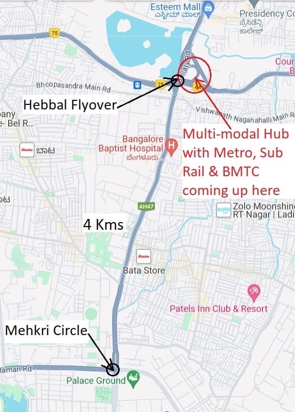 map of the tunnel road, Bellary Road to palace grounds