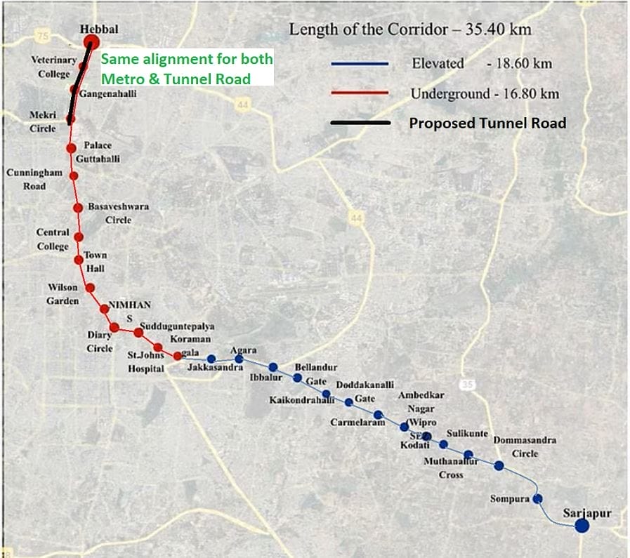 Graphic of alignment of the proposed tunnel road and the new Metro line from Sarjapura to Hebbal. 