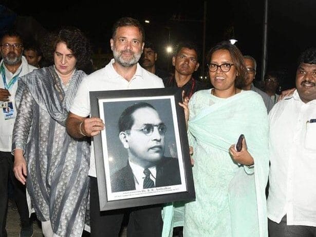 Varsha Gaikwad with Rahul and Priyanka Gandhi in Mumbai during campaigning 