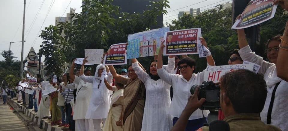 The protest, demanding a skywalk, organised by Bellandur Jothege
