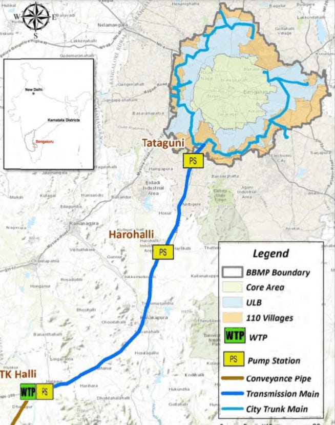 Map of Cauvery pipeline, coming into Bengaluru