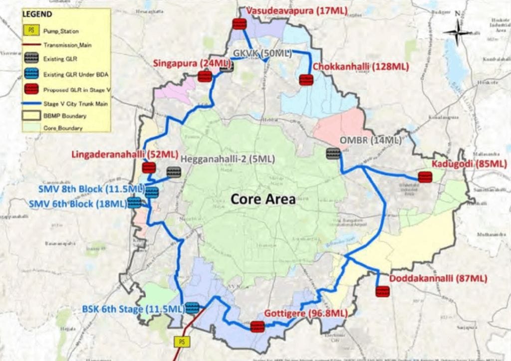 Map of Cauvery water supply Stage 
V pipelines - trunk lines inside Bengaluru
