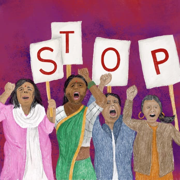 Illustrated image by artist Aasawari Kulkarni for Feminism In India, as part of a curatorial project to design images for sexual violence stories that are not graphic in nature. Group of women are drawn as protesting sexual violence.