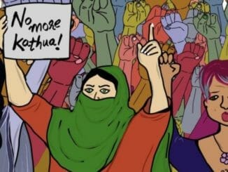 Illustrated image by artist Marva M for Feminism In India, as part of a curatorial project to design images for sexual violence stories that are not graphic in nature. Group of women are drawn as protesting sexual violence.