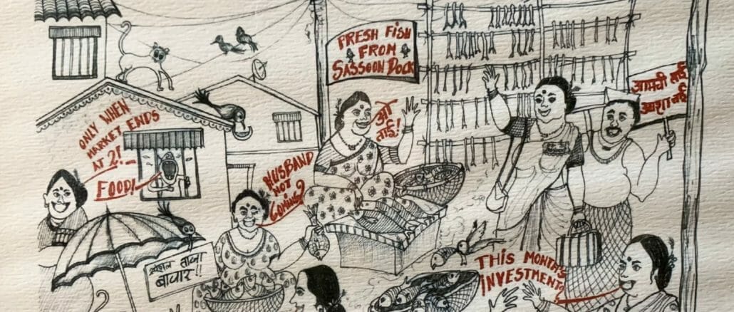 sketch of Mumbai's fish market, displaying Koli women and their conversations
