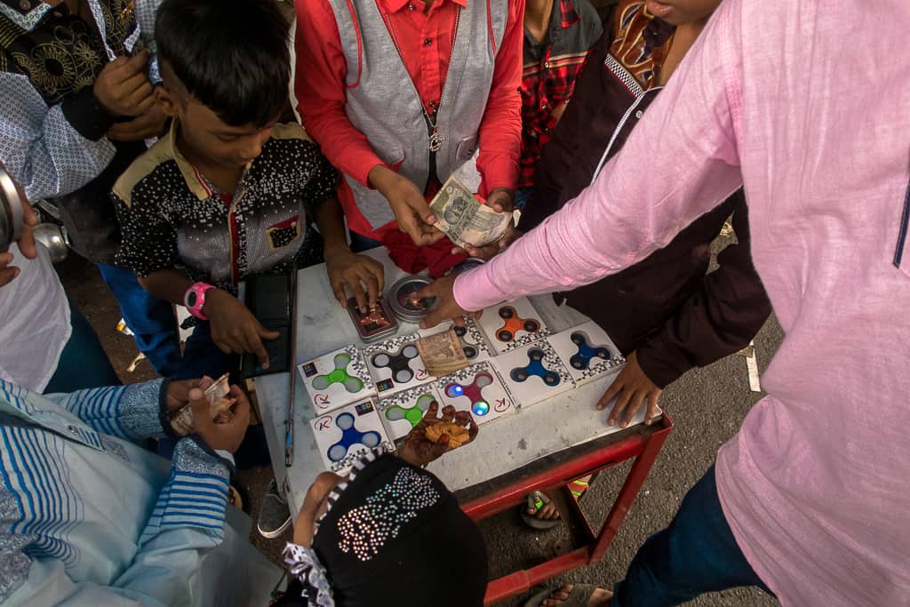 Fidget spinners being sold at a roadside stall by hawkers in Mumbai