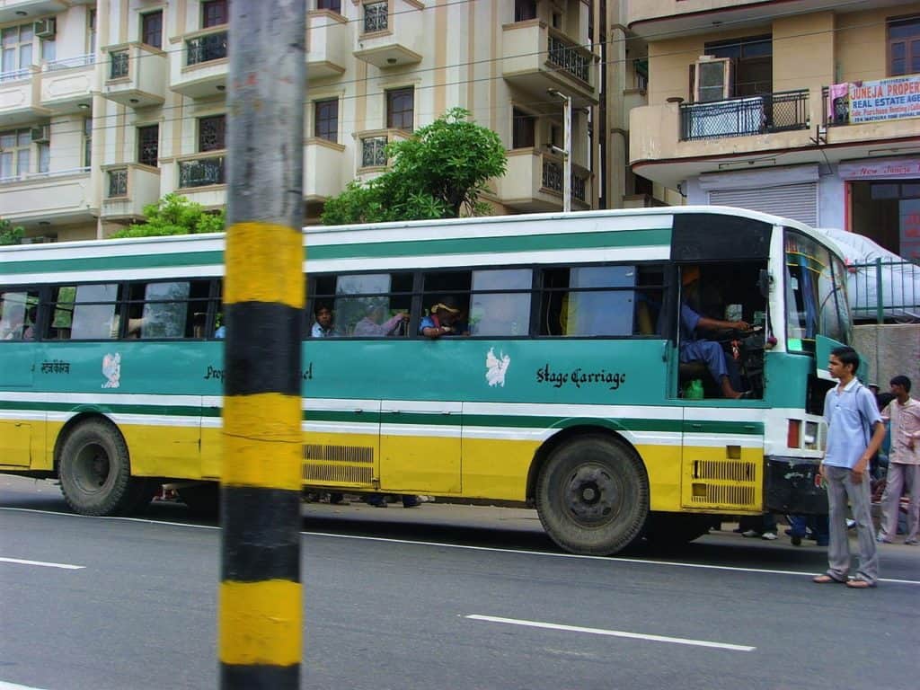 A blueline bus on the streets of Delhi