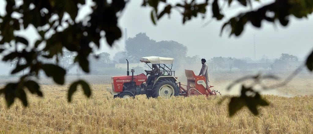 two men on a tractor ride in a rice field in Haryana