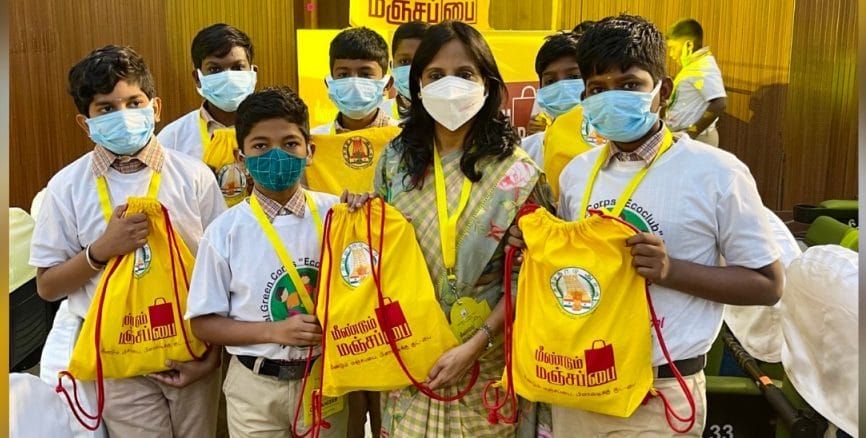 Supriya Sahu IAS with school children, promoting Manjappai